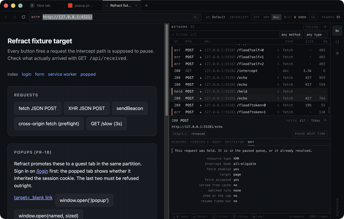 A real Refract run: a POST built by the page is held in the inspector, its JSON body is edited from 67 to 91 bytes, and the test server reports the edited amount after release
